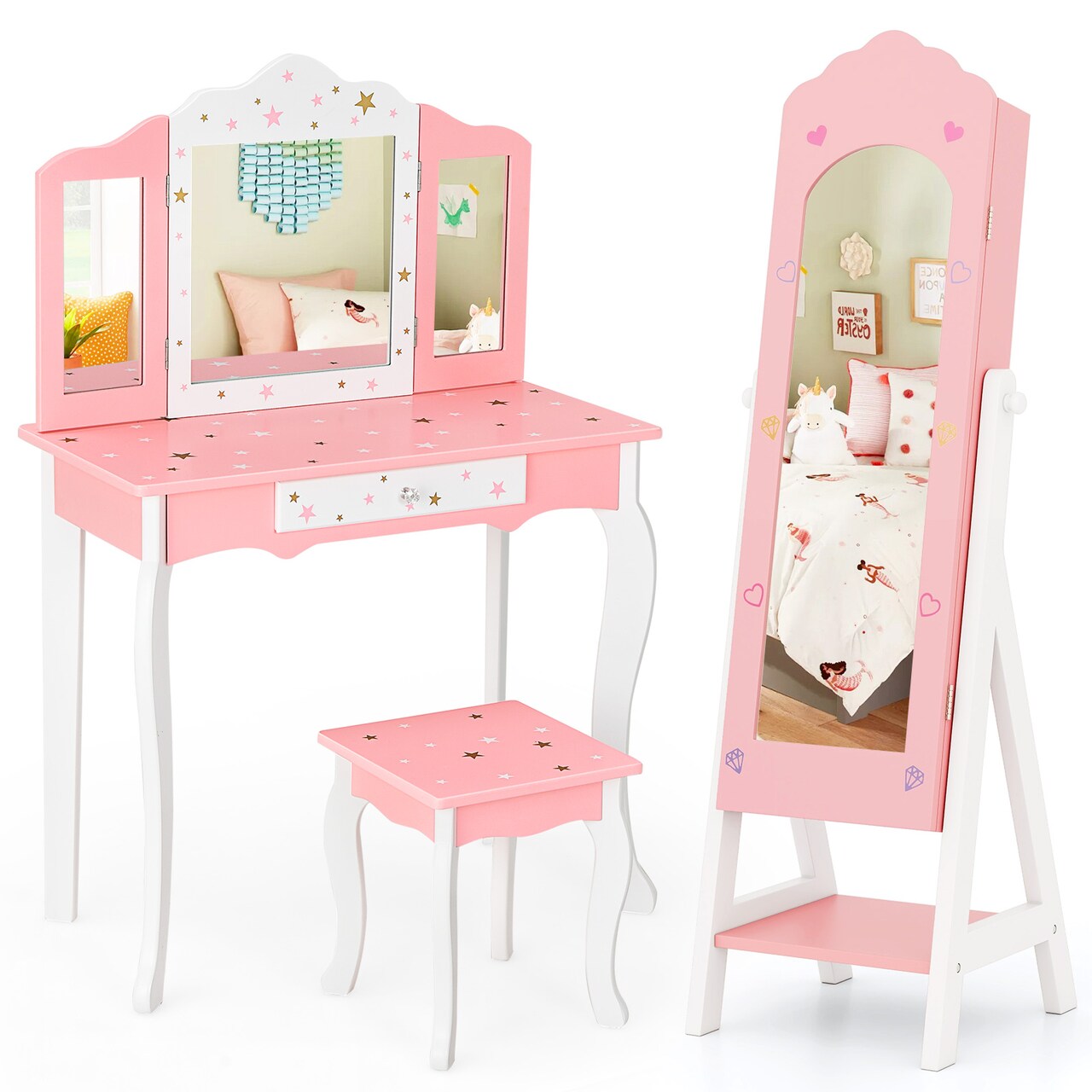 MDF Vanity Table Set with Stool and Jewelry Armoire, Full-Length Mirror
